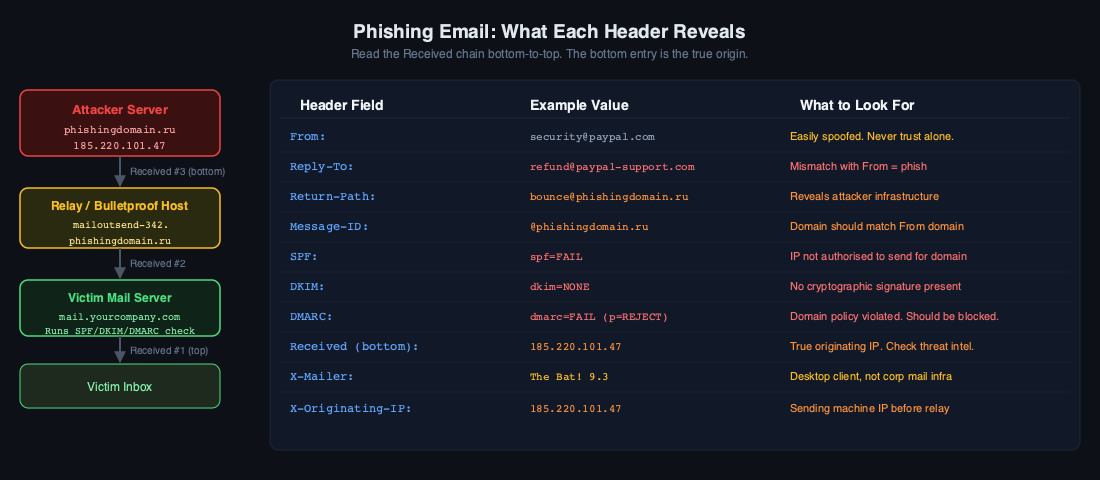 Phishing email header analysis showing what each field reveals about the attacker